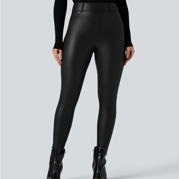 HALARA High Waisted Stretchy PU Fleece Casual Leggings with Pockets - Picture 2 of 4